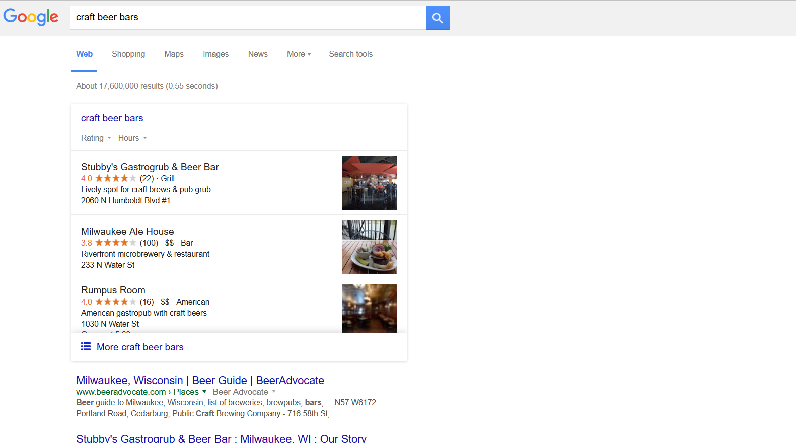 localized search result for craft beer bars in milwaukee