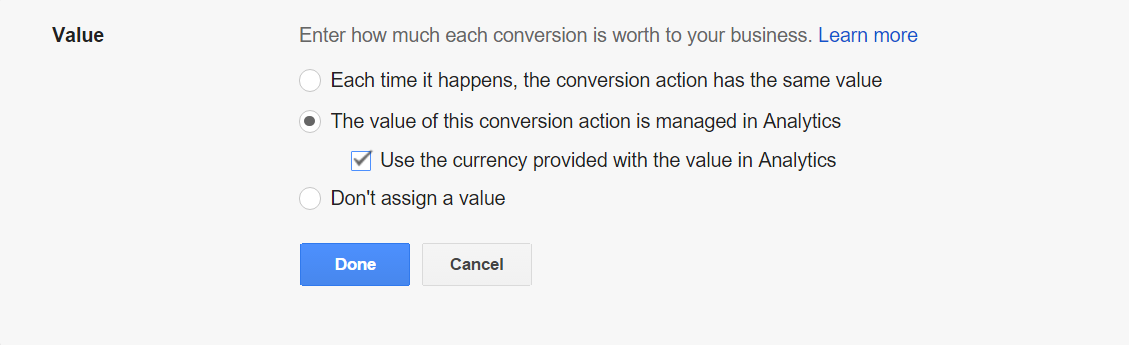 adwords value pulled from analytics