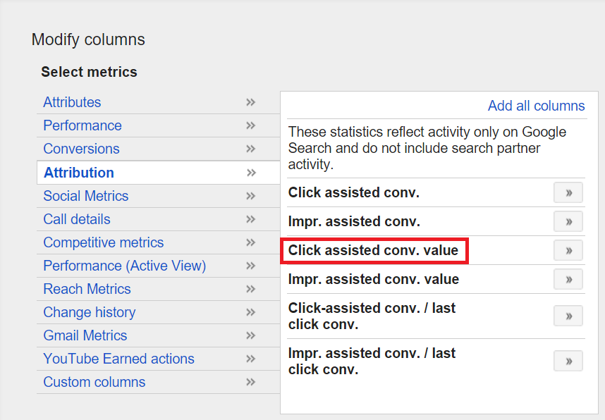 click assisted conversion value adwords