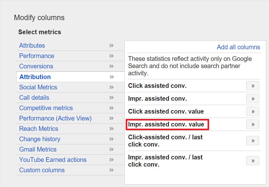 impression assisted conversion value adwords